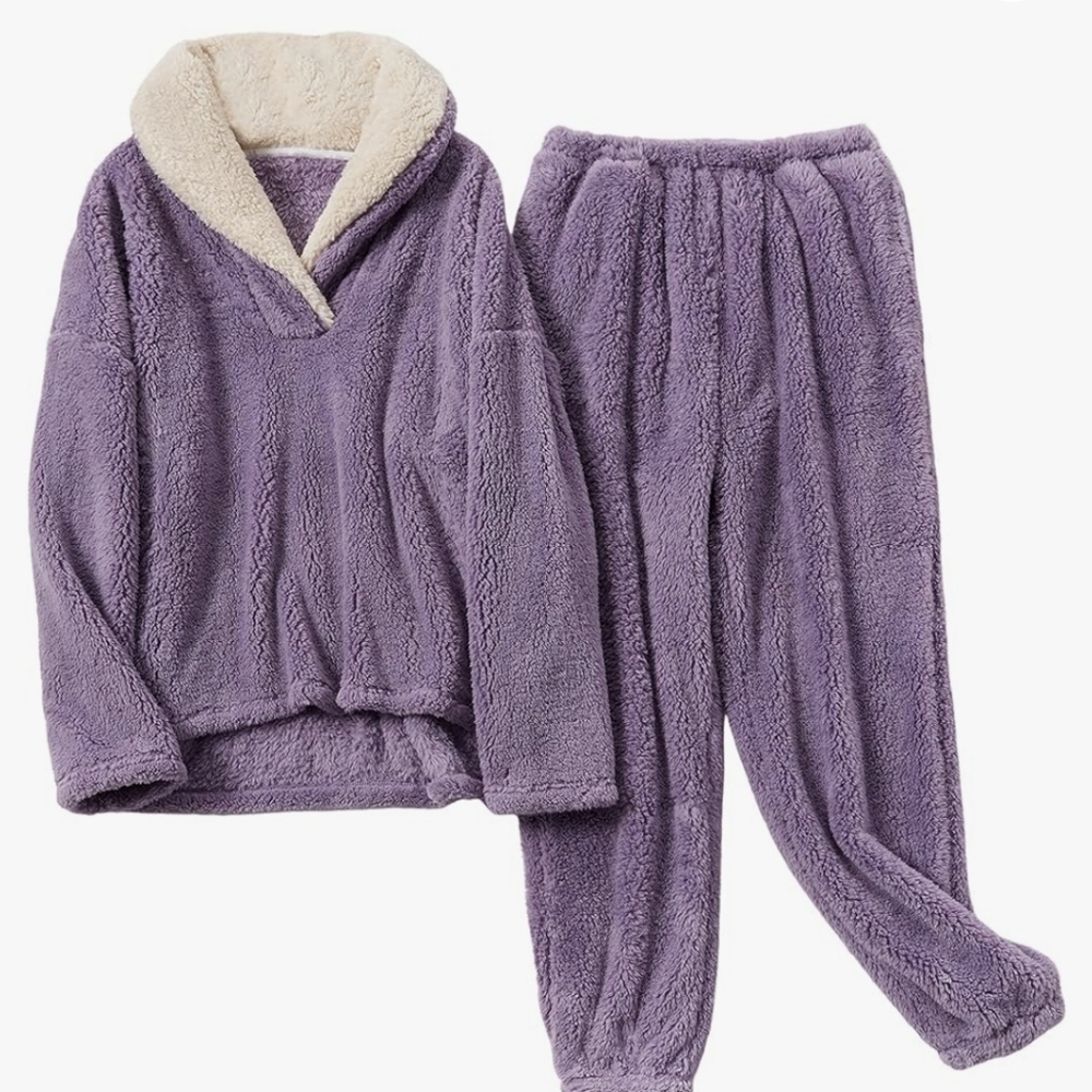 UANEO Womens Fluffy Pajamas Set Soft Fleece Pullover Pants Loose Sleepwear